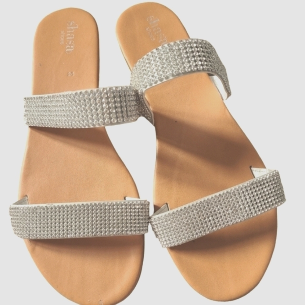 SHASTA Silver Rhinestone Strappy Slides Sandals Size 9